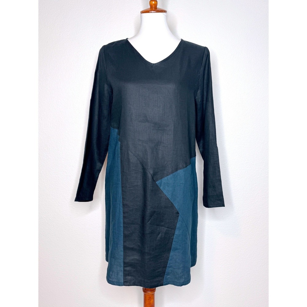 ET'LOIS‎ USA Linen Dress SM Colorblock Black Blue Long Sleeve Office Career Wear